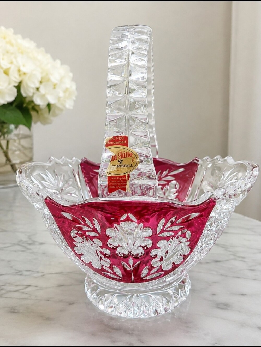 Vintage Anna Hütte Bleikristall 24% Lead Crystal Ruby Red Floral Basket Germany